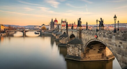 Fototapeta premium Tranquil view of Charles Bridge at dawn, reflecting the historic architecture of Prague.