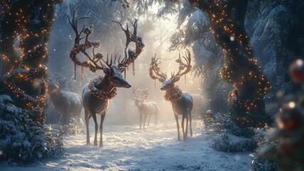 Enchanted winter forest with festive reindeer decorated in holiday lights. Merry Christmas, Nativity, Xmas, Noel, Navidad - Global Winter Holiday, Christian Religious Celebration. Happy New Year - Powered by Adobe