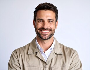 Obraz premium Smiling man in light beige coverall