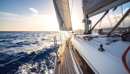 Sailboat deck view at sunset, ocean waves, sunlit