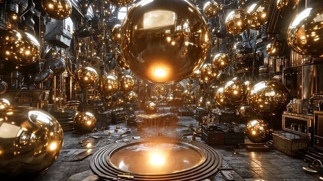 Golden spheres fill a steampunk interior
