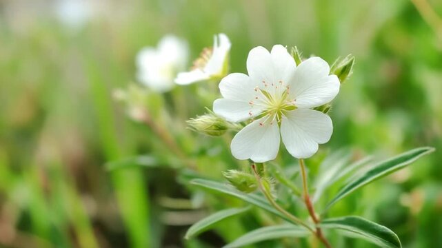 Video of White cinquefoil growing in the meadow shaking in the wind