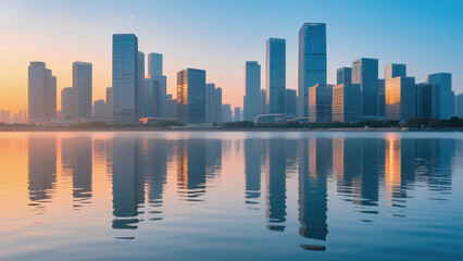 Naklejka premium city skyline at sunset