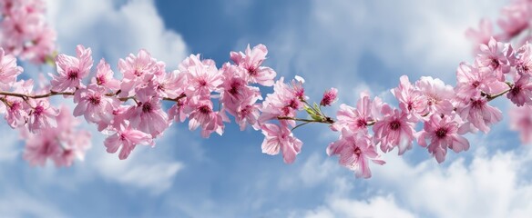 Obraz premium [The Cherry Blossom Branch Stretching Across a Blue Spring Sky with Clouds]