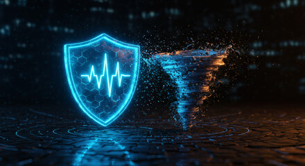 Abstract concept of digital security and disaster protection with a glowing neon shield defending against a powerful tornado vortex