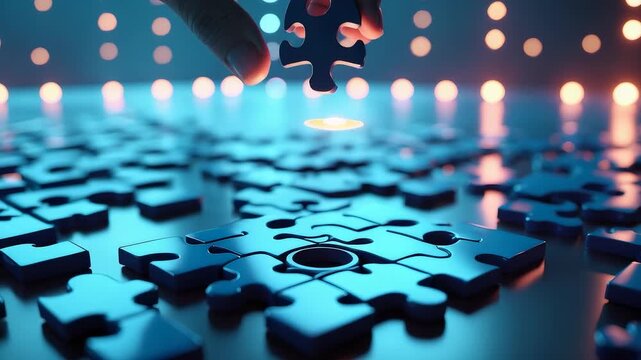 Puzzle Pieces Hand Holding Final Piece Blue Background Light Effects Missing Slot Game Completion