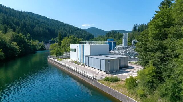 Harnessing surplus hydroelectric power for sustainable green hydrogen generation, showcasing dam safety, water flow optimization, turbine efficiency and ecosystem stewardship.