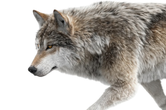 Close-up of a gray wolf walking, detailed fur, focused expression