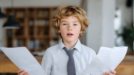Young boy in formal attire presenting arguments with papers