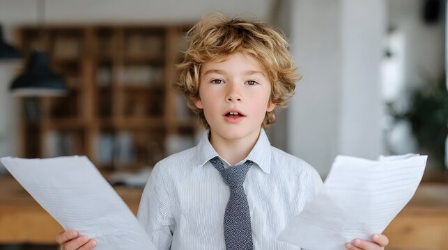 Young boy in formal attire presenting arguments with papers - Powered by Adobe