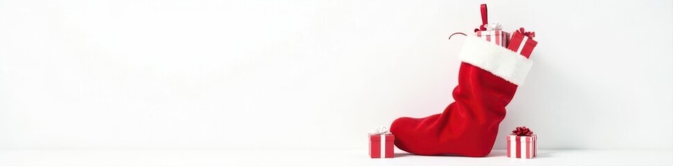 A red Christmas stocking overflowing with small gifts sits against a pure white background , celebratory, winter wonderland