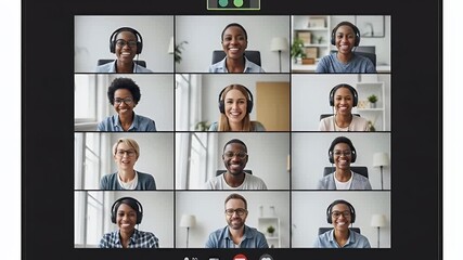 A screen displays twelve smiling faces in a grid format during a video conference, suggesting a diverse and happy team meeting - Powered by Adobe