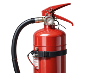 3D Rendered Red Fire Extinguisher with Black Hose PNG
