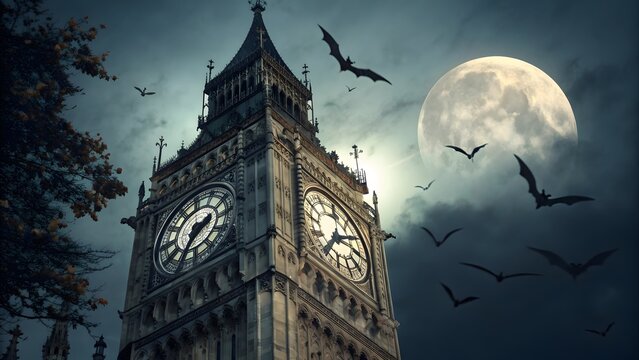 Dramatic Big Ben at night with full moon and bats flying in the eerie sky, London