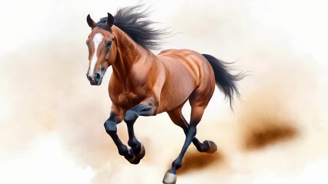 Dynamic brown horse galloping through clouds of dust. 2026 year red fiery horse according calendar