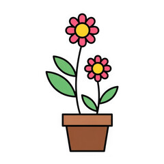 Fototapeta premium Stylized pink flowers with yellow centers growing from a brown pot isolated on transparent background
