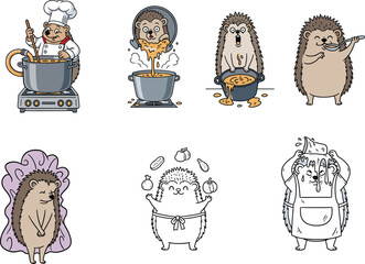 Cartoon hedgehog and chef cooking vector set, soup making, kitchen activity, funny poses, food theme, isolated illustration, cute animal characters