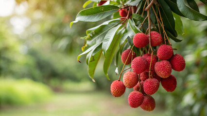 Lychee on tree in garden, Lychee hanging on tree in natural warm sunlight background