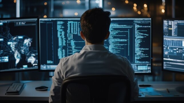 Back view of programmer working on multiple displays in dark environment