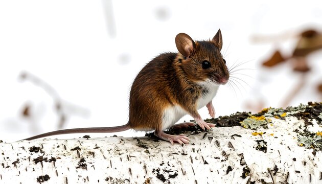 Alert Deer Mouse on Birch Log in Winter Wildlife Scene.