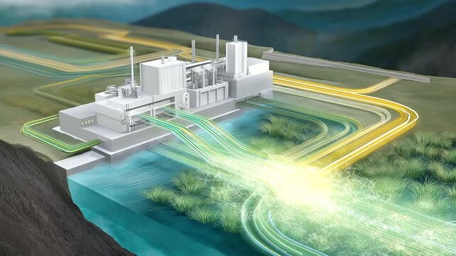 A cutting-edge hydroelectric plant integrating carbon capture technology for sustainable energy production, representing pumped storage flexibility, reservoir management, grid stability and