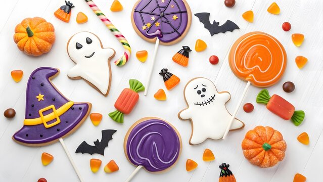Festive Halloween treats and sweets arranged on a white wooden background for holiday fun