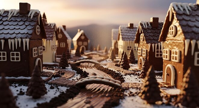 Whimsical gingerbread village dusted in snow with a chocolate river and serene sunset lighting creates a magical holiday scene