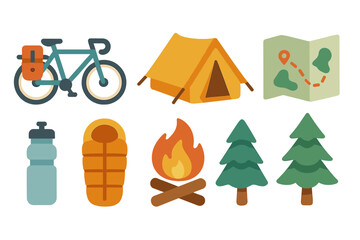 Bikepacking Adventure Icons. Flat vector mini-illustrations Bikepacking and camping trip in colors children's illustrations: