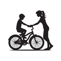 parents teaching child riding bicycle vector silhouette clip art logo design illustration