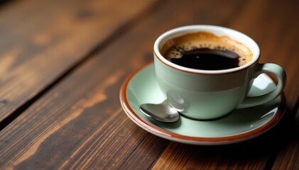 Fototapeta premium Ceramic coffee cup, rich brown coffee, polished wood surface, smooth, dark