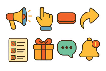 Children's Icon Grid. Flat vector mini-illustrations Call-to-action post grid in colors children&rsquo;s illustrations: megaphone, hand