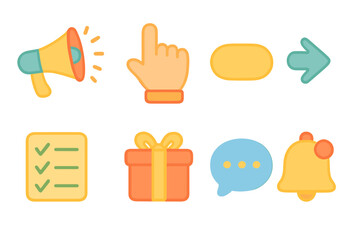 Children's Icon Grid. Flat vector mini-illustrations Call-to-action post grid in colors children’s illustrations: megaphone, hand