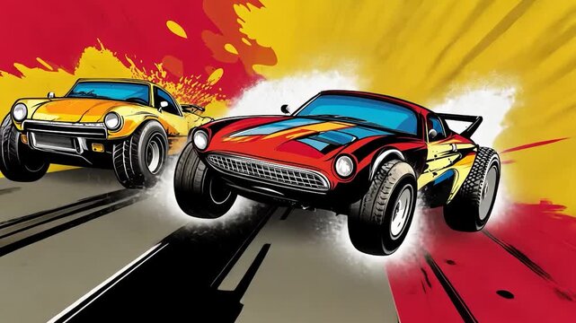 Two colorful cars racing