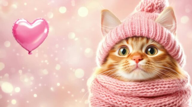 Cute ginger kitten wearing warm pink knitted hat and scarf with heart balloon. Adorable pet picture for Valentine's day or greeting card