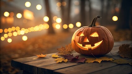Fototapeta premium Glowing Halloween Jack O Lantern on Autumn Evening 