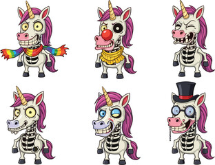 Cartoon skeletal unicorns with purple manes, golden horns, expressive faces, humorous accessories, undead character vector illustration set for fantasy and Halloween themes