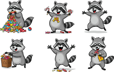 Cartoon raccoon candy vector set, funny animal characters with sweets, recycling bin, candy cane, joyful poses, isolated illustration, festive theme