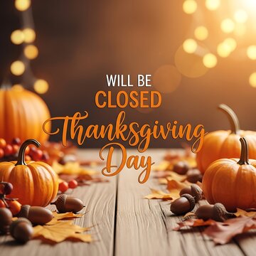 Thanksgiving Day closed notice with pumpkins and leaves