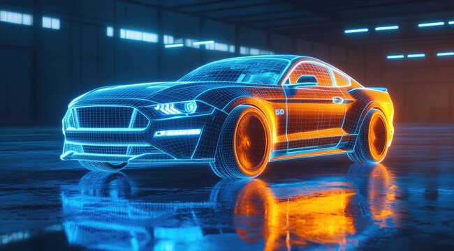 Neon-lit wireframe sports car