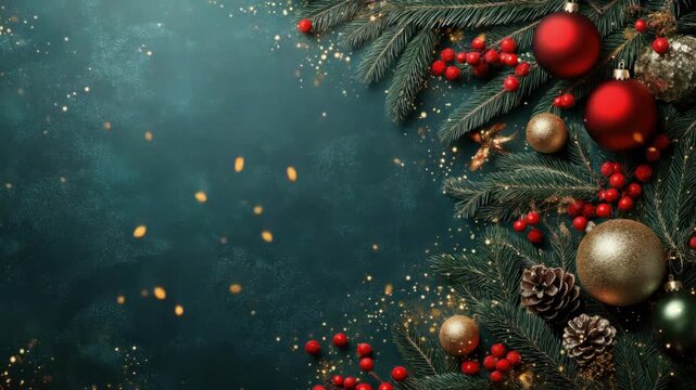 Festive christmas background with red ornaments and pine cones on green surface. Merry Christmas, Nativity, Xmas, Noel, Navidad - Global Winter Holiday, Christian Religious Celebration. Happy New Year