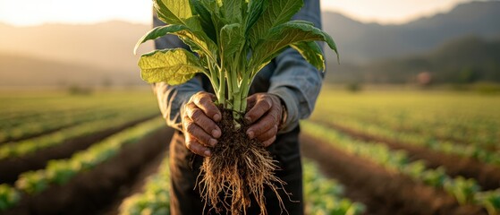The Farmer Holding a Rooted Lettuce Seedling in Sunlit Row Crop Field at Sunrise
