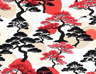 Stylized red and black trees on a white background with beige and red circles