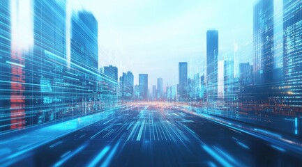 Futuristic city street with digital data streaks