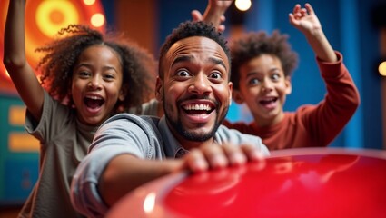 Happy father and kids celebrating after pressing arcade button