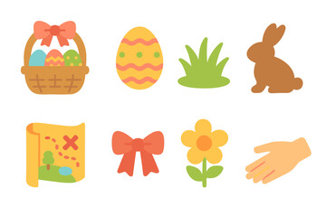 Easter Egg Hunt Icons. Flat vector mini-illustrations Easter egg hunt in colors children's illustrations: Easter basket, decorated