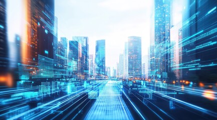 Fototapeta premium Futuristic cityscape with digital overlay