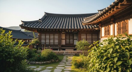Obraz premium Traditional Korean courtyard, sunlight on wooden houses and a garden path