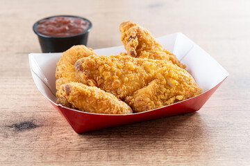 Crispy fried chicken tenders on wooden table © chandlervid85