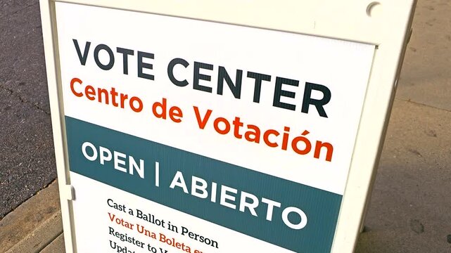 Election stock footage of &ldquo;Vote Center, Centro de Votaci&oacute;n &ndash; Open, Abierto&rdquo; with Spanish translation, promoting inclusivity, voter registration, in-person voting, and mail ballot access.