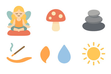 Fairy Yoga Scene. Flat vector mini-illustrations Fairy yoga on a mushroom platform in colors children's illustrations: fairy in